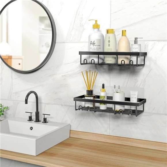 Shower Caddy Shelf Organizer Rack, Self Adhesive Black Bathroom Shelves, Home - Picture 2 of 8